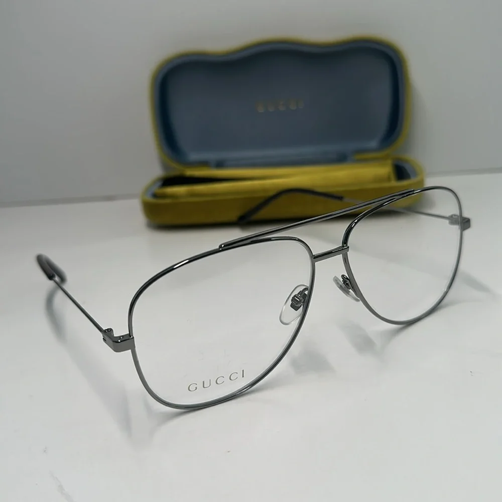 Gucci Silver Aviator Glasses NEW GG0442O Aviator Eyeglasses – Ruthenium / Silver